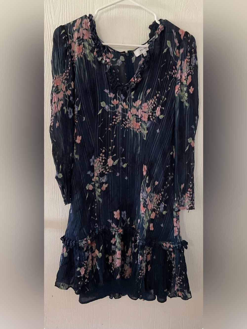 Reiss Navy Floral Chiffon Dress with Pink and Green Accents